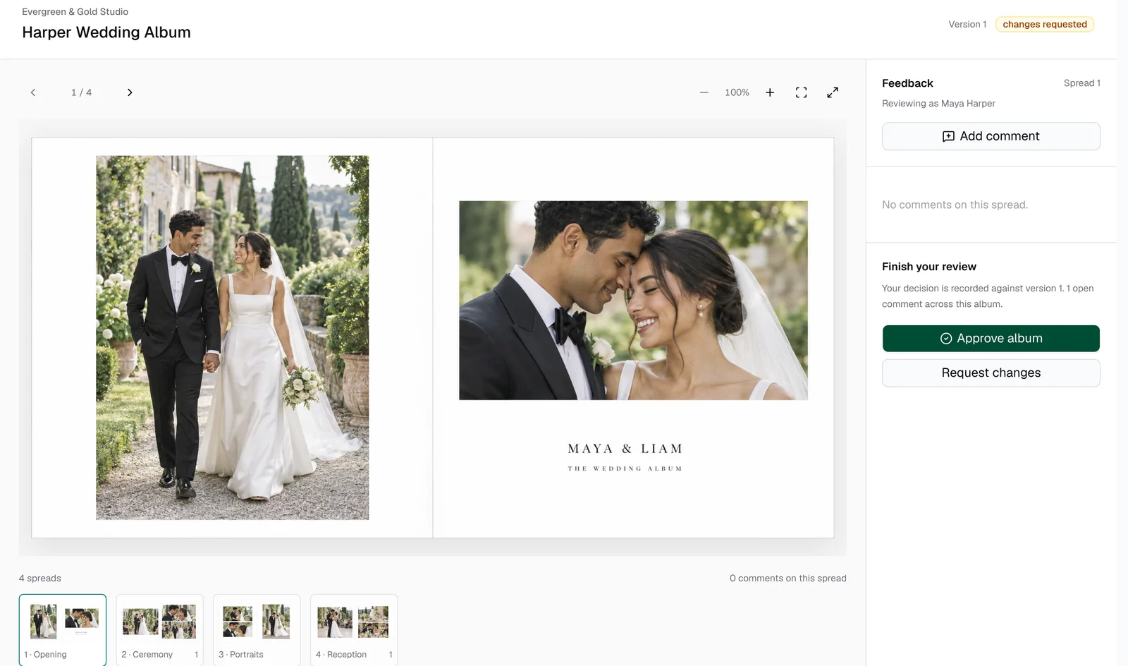 Album Approve proof of a sample wedding album with spread navigation, client feedback and approve or request-changes controls.