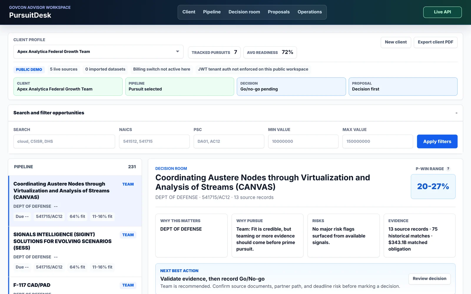 PursuitDesk advisor workspace with a sample client profile, filtered pipeline and a decision room showing evidence, risks, next best action and a P-win range.