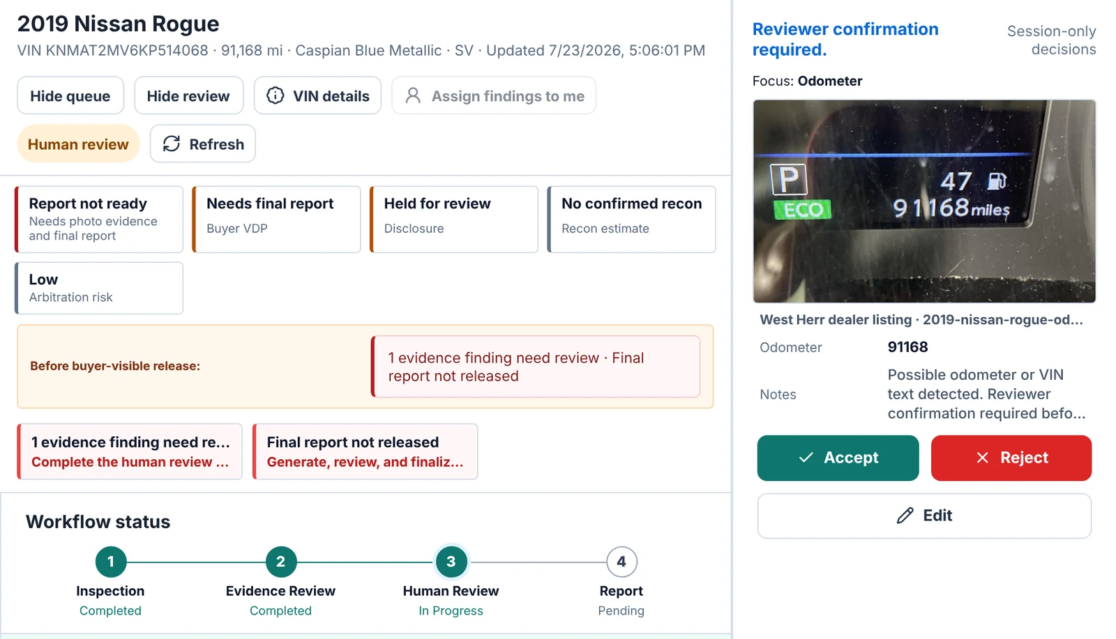 InspectIQ inspection of a 2019 Nissan Rogue held for human review, with release blockers, workflow status and an odometer photo awaiting reviewer confirmation.