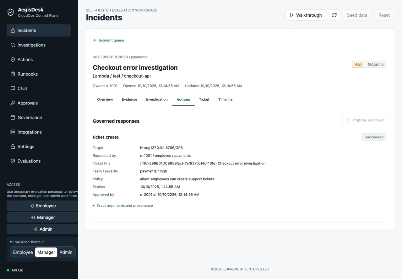 AegisDesk incident workspace showing an exact ticket action, approval and recorded result in a controlled local test.