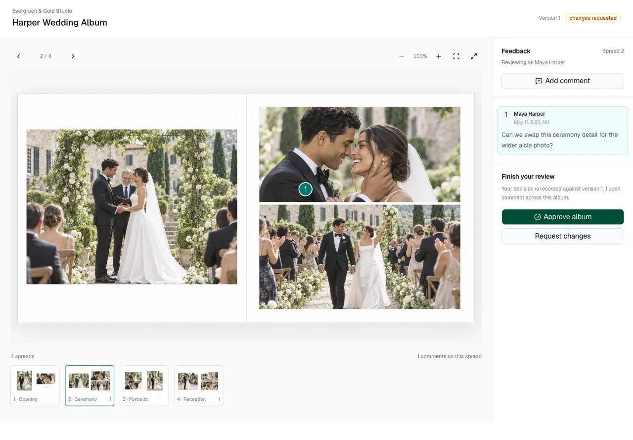 Album Approve preview showing a sample wedding album, pinned client feedback and approval controls.