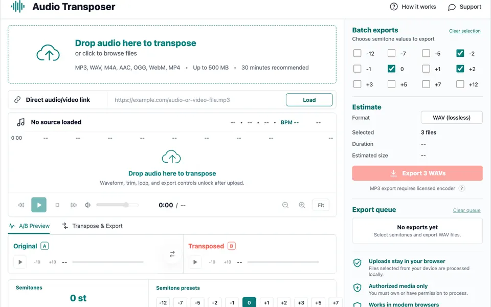 Audio Transposer workspace with waveform, trim, loop, and WAV export controls.