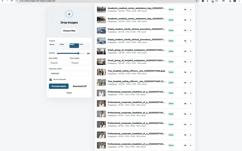 Bulk Image Size Reducer batch workspace with compression settings and sample files.