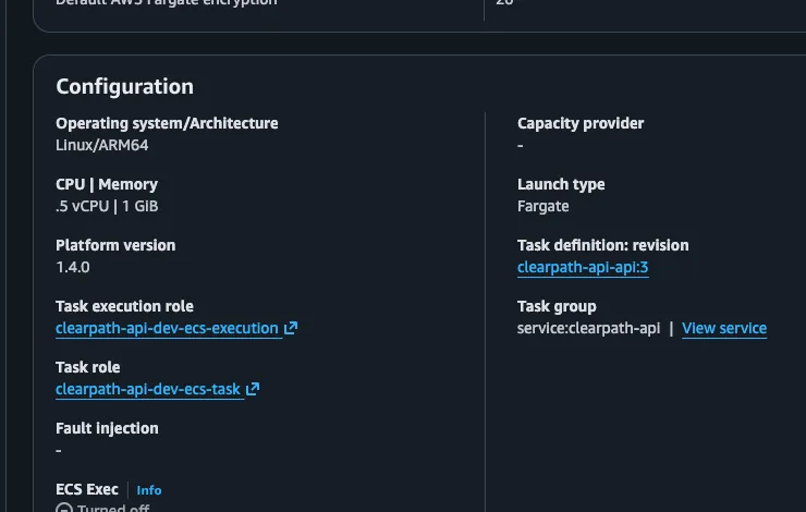 Clearpath AWS Fargate task configuration showing the Linux/ARM64 runtime, task size, and task roles.