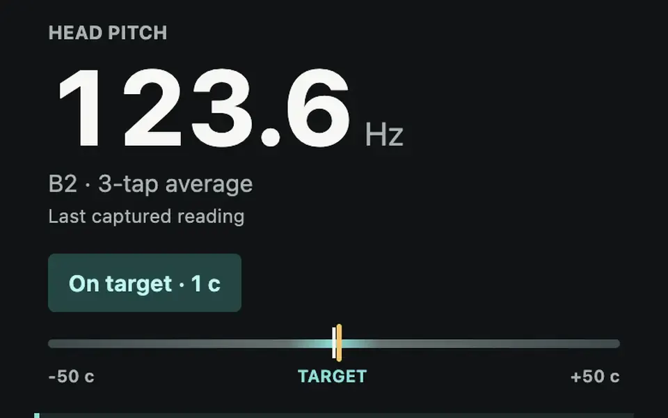 Drum Tuner pitch meter showing a sample reading, target, and tuning controls.