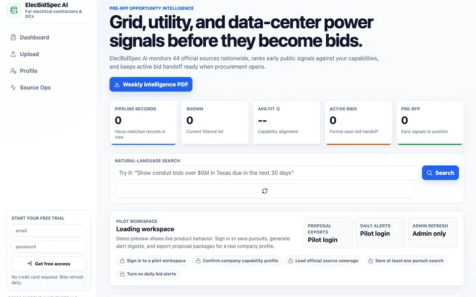ElecBidSpec AI dashboard with power-sector opportunity filters and pipeline summary.