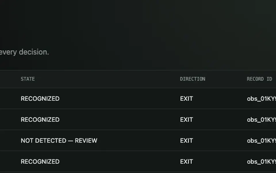 GateSight observations screen with recognized and review outcomes; plate values are not shown.