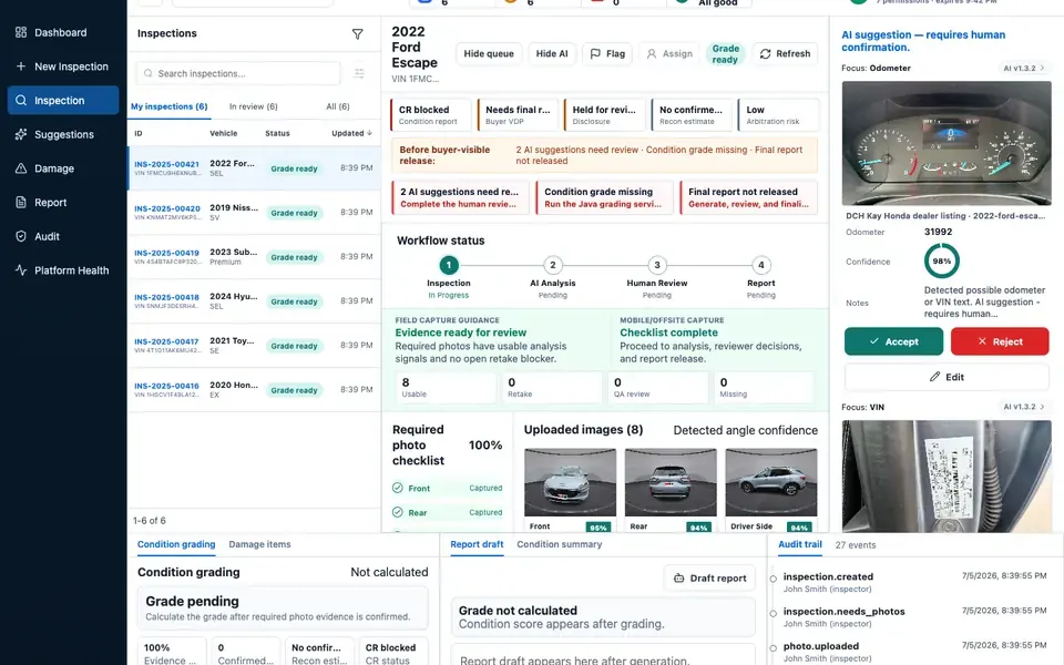 InspectIQ inspection workbench with vehicle photos, evidence checks, grading, and reviewer actions.