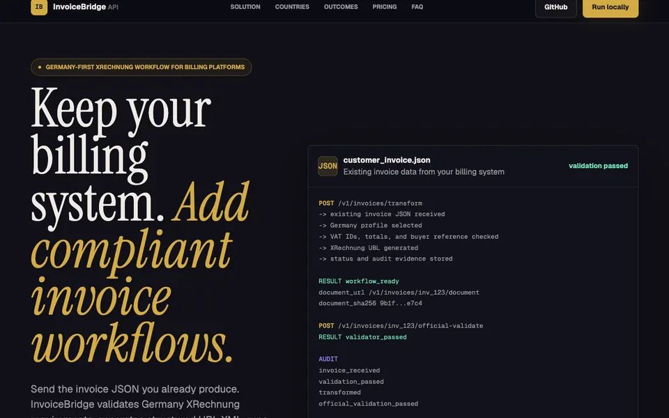 InvoiceBridge product preview showing invoice JSON validation and XRechnung workflow output.