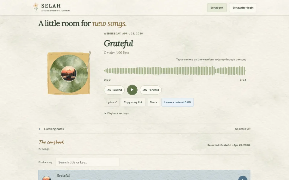 Current SELAH songwriter journal with song artwork, waveform playback, listening notes, and a public songbook.