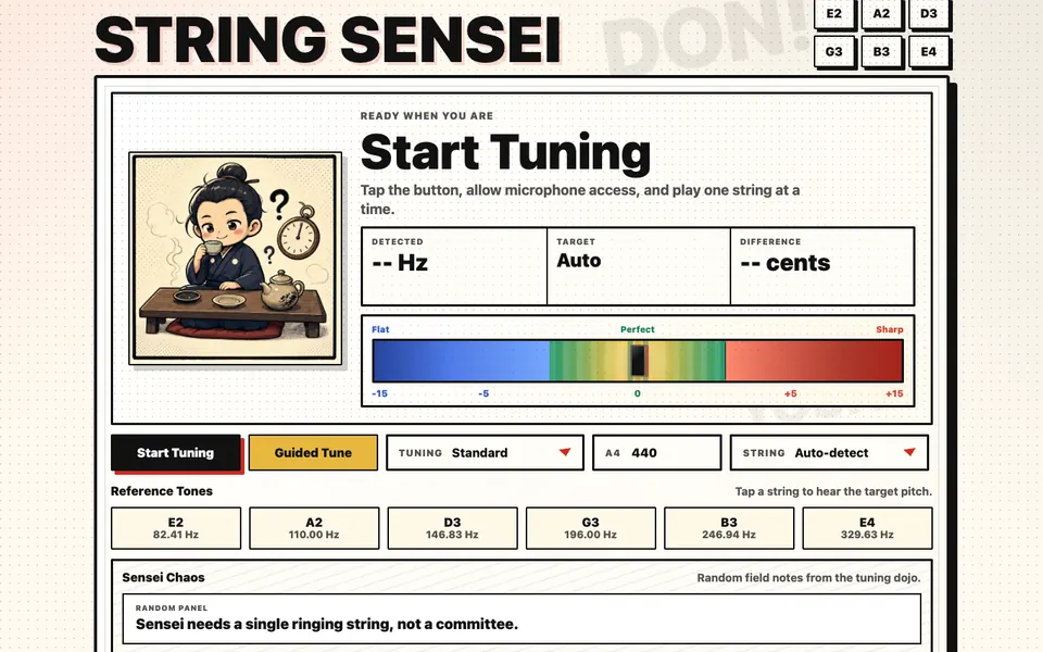 String Sensei guitar tuner with string selection, pitch meter, and tuning controls.