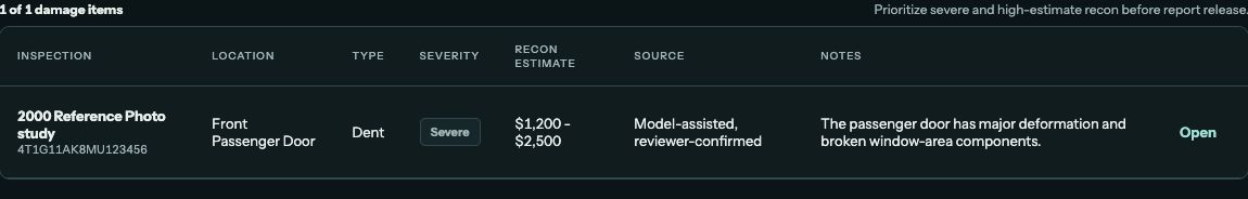 Actual local InspectIQ damage ledger lists a severe front-passenger-door dent as Model-assisted, reviewer-confirmed, with the original deformation notes.