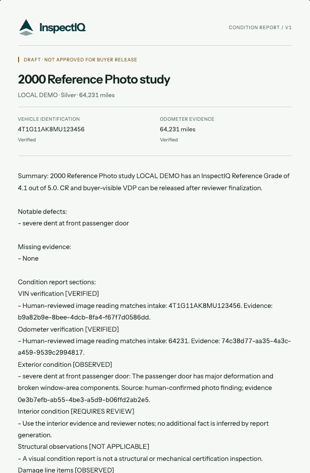 Actual InspectIQ version-one report marked Draft, not approved for buyer release. Its exterior condition section cites the severe door dent and original photo ID. Intake verification and grade are synthetic fixture decisions.